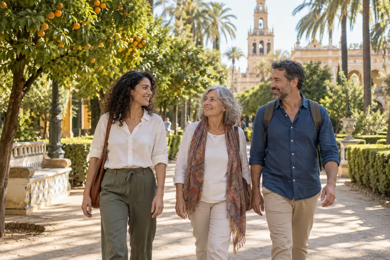 Tres personas adultas paseando en una escena inspirada en Andalucía, generada con IA.