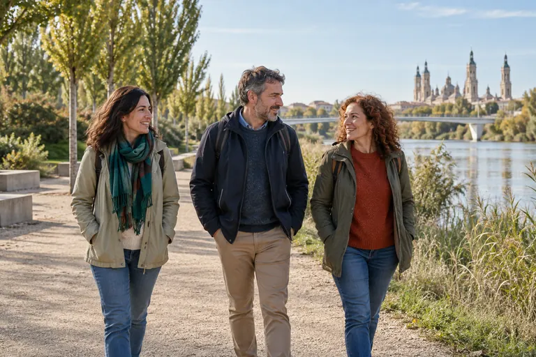 Tres personas adultas paseando en una escena inspirada en Aragón, generada con IA.