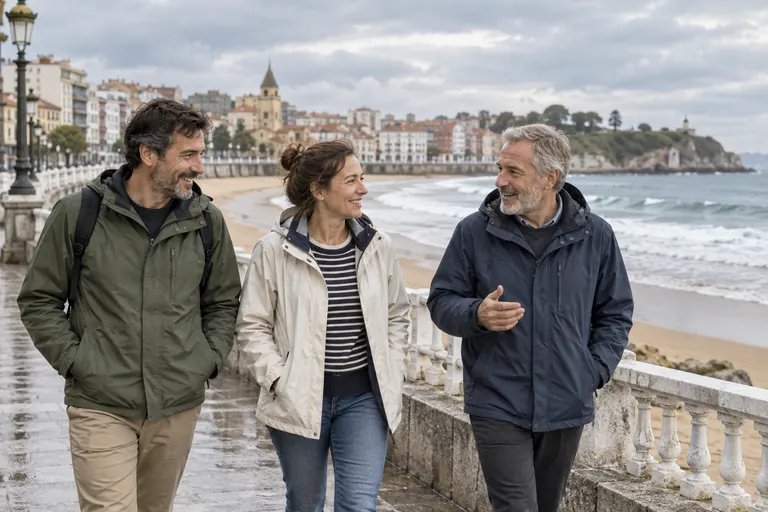 Tres personas adultas paseando en una escena inspirada en Asturias, generada con IA.