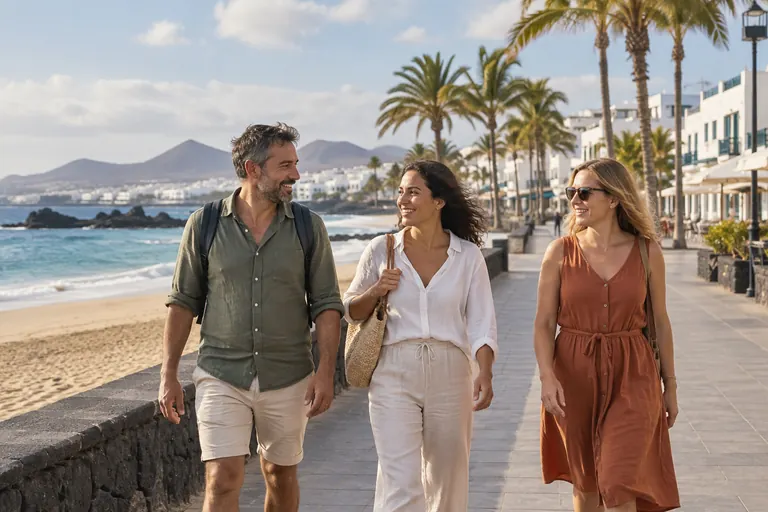 Tres personas adultas paseando en una escena inspirada en Canarias, generada con IA.