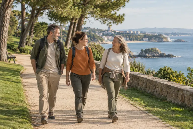 Tres personas adultas paseando en una escena inspirada en Cantabria, generada con IA.