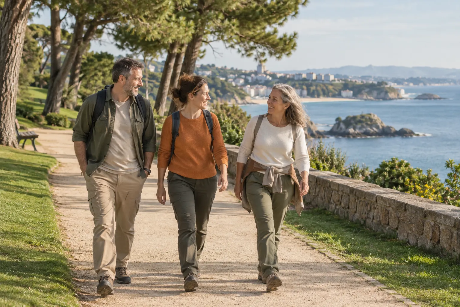 Tres personas adultas paseando en una escena inspirada en Cantabria, generada con IA.