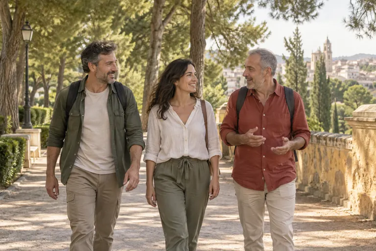Tres personas adultas paseando en una escena inspirada en Castilla-La Mancha, generada con IA.