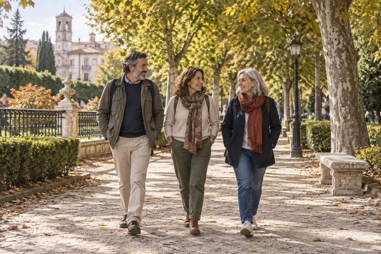 Tres personas adultas paseando en una escena inspirada en Castilla y León, generada con IA.