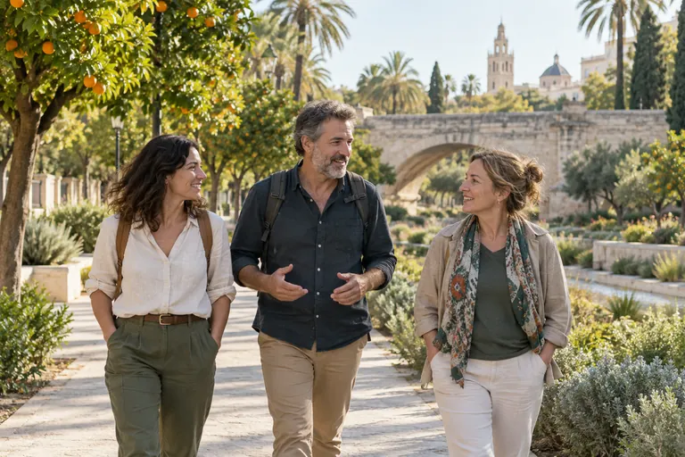 Tres personas adultas paseando en una escena inspirada en Comunitat Valenciana, generada con IA.