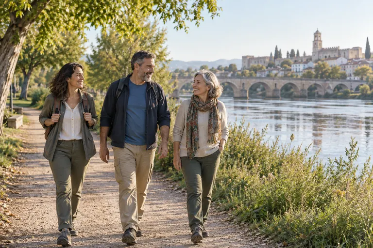 Tres personas adultas paseando en una escena inspirada en Extremadura, generada con IA.