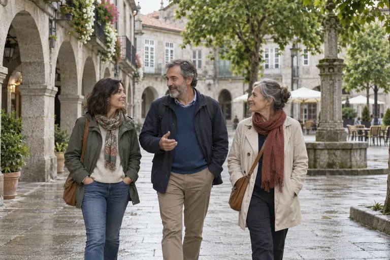 Tres personas adultas paseando en una escena inspirada en Galicia, generada con IA.