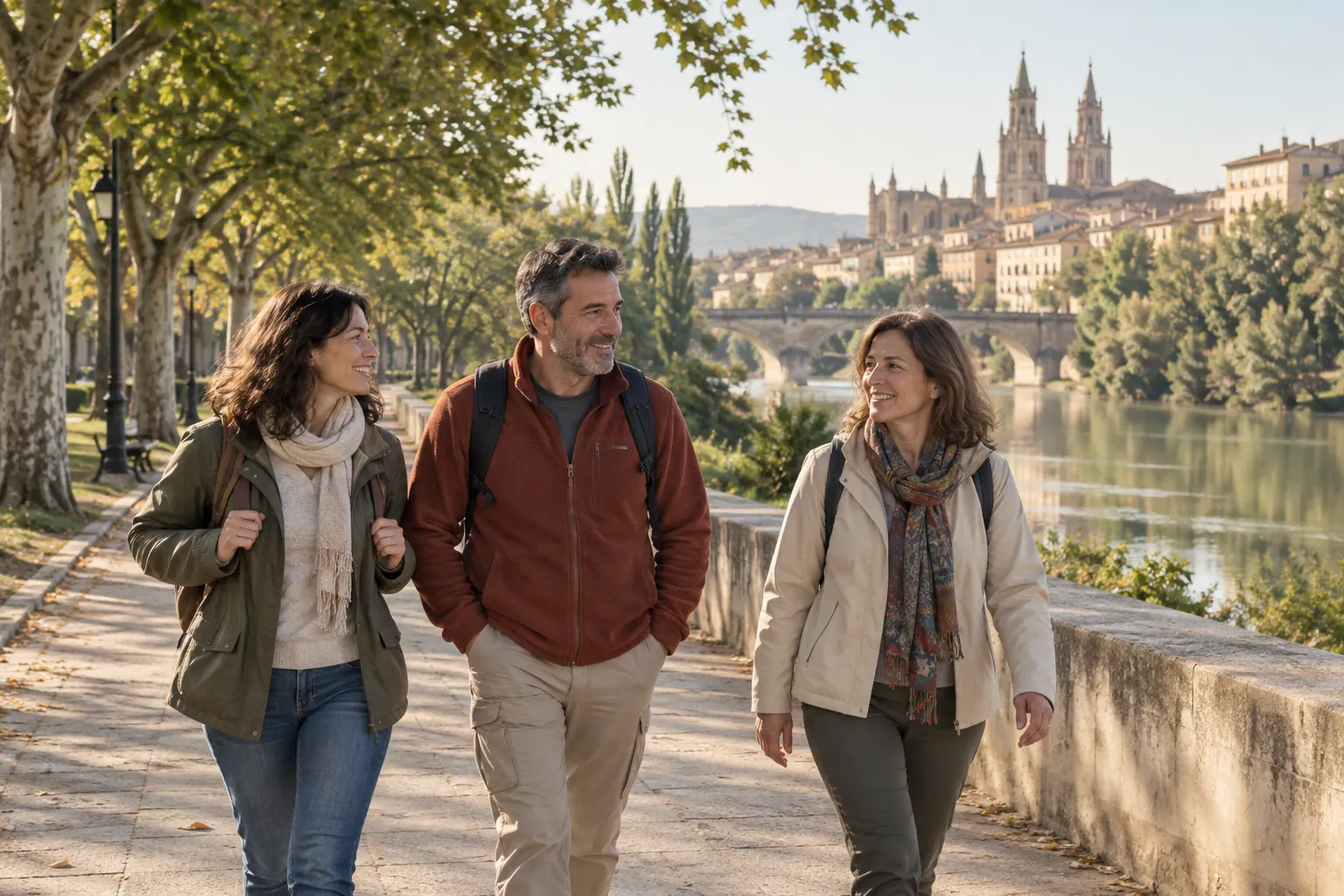 Tres personas adultas paseando en una escena inspirada en La Rioja, generada con IA.