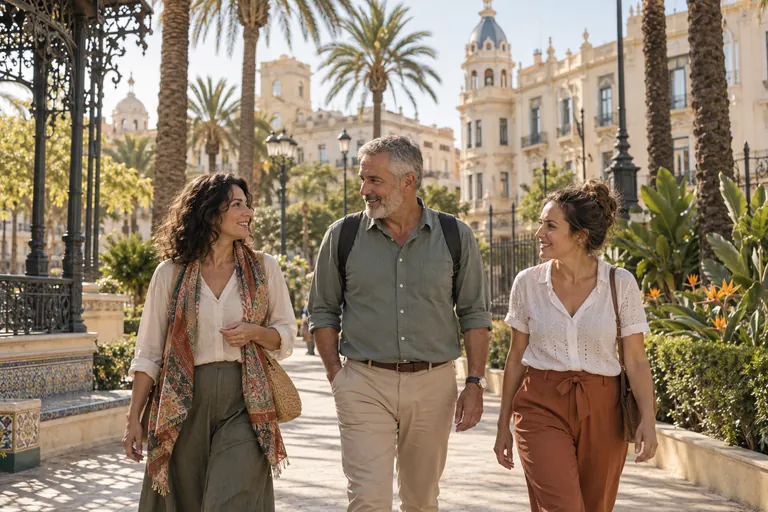 Tres personas adultas paseando en una escena inspirada en Melilla, generada con IA.
