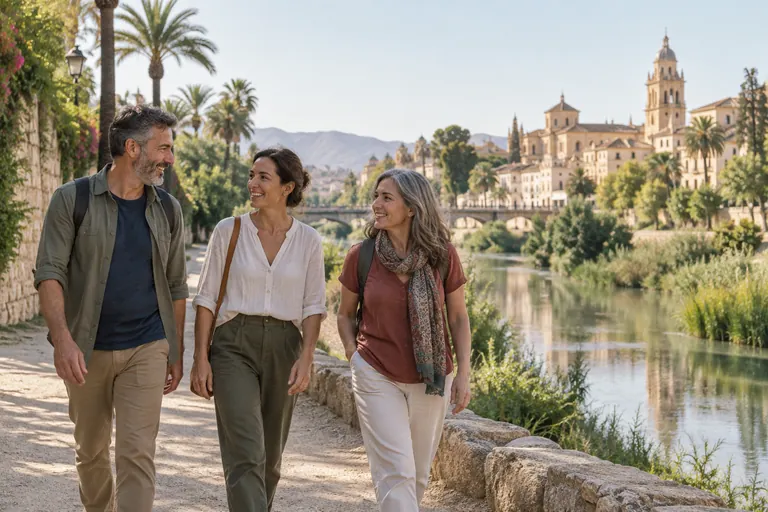 Tres personas adultas paseando en una escena inspirada en Región de Murcia, generada con IA.