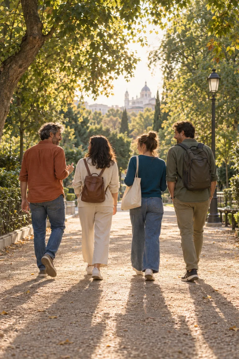 Cuatro personas se alejan conversando por un camino de parque iluminado por el sol.