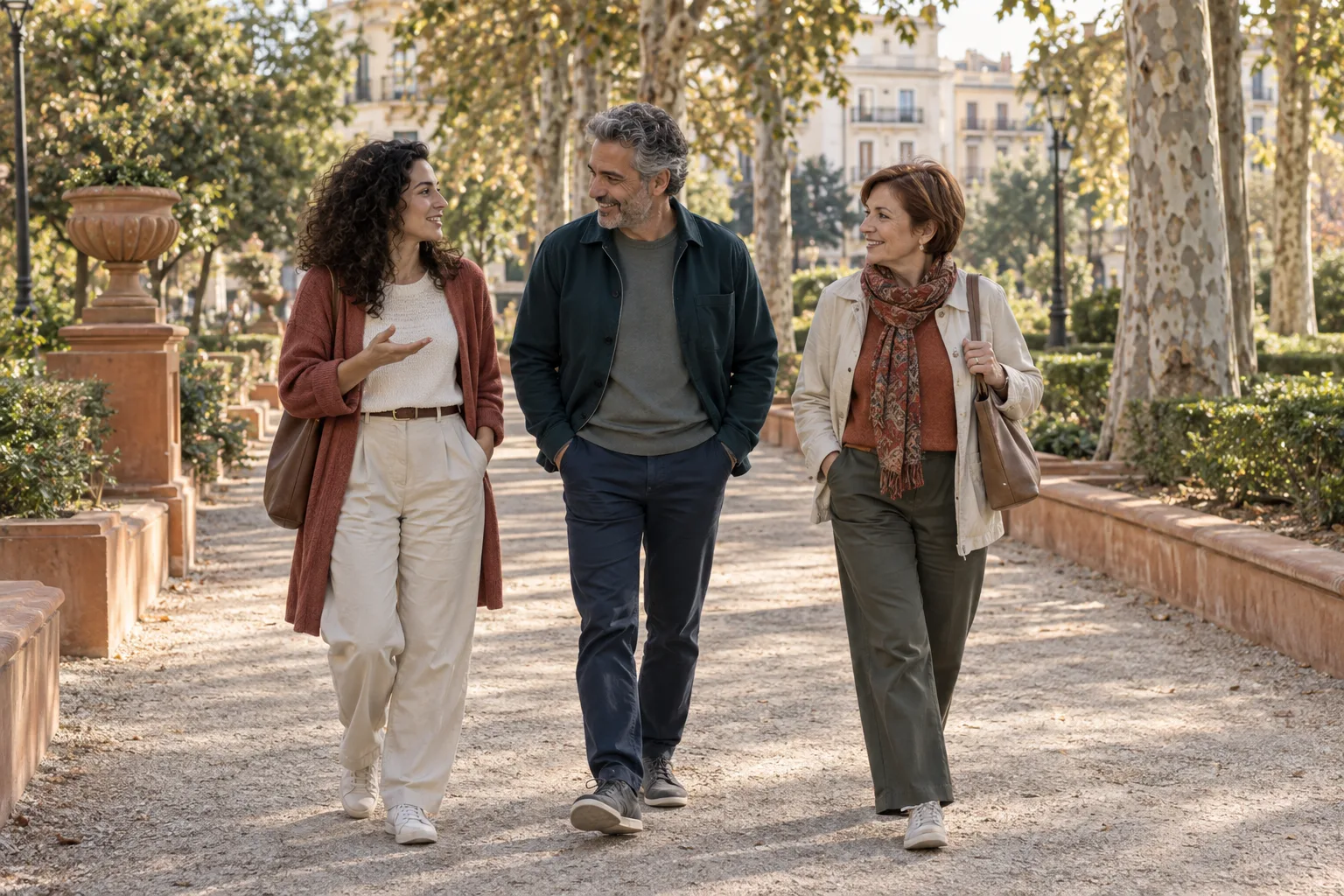 Tres adultos conversan caminando por un parque ilustrativo, generados con IA.