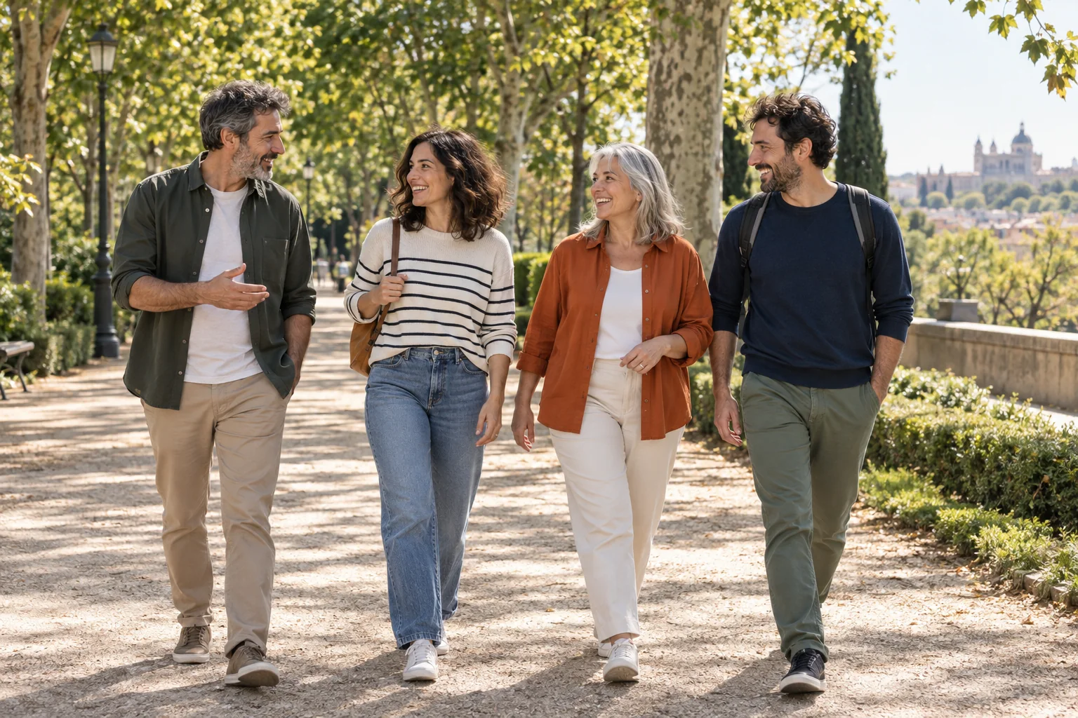 Cuatro adultos ficticios pasean conversando por un parque arbolado.