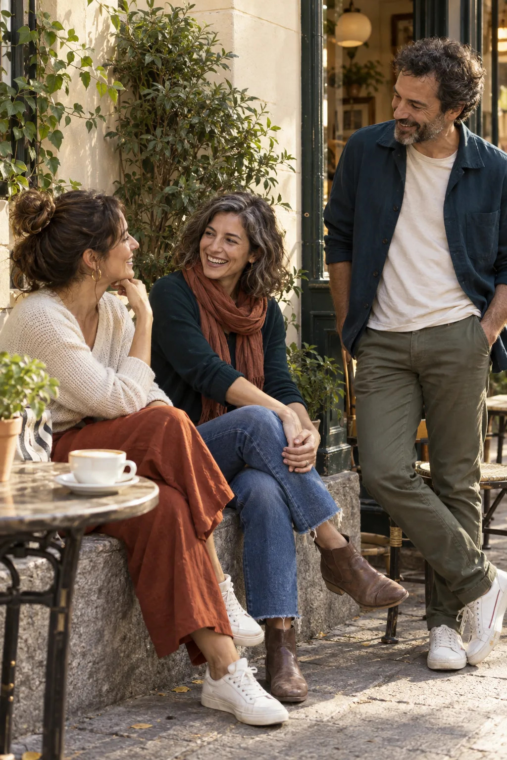 Tres personas continúan una conversación junto a un pequeño café.